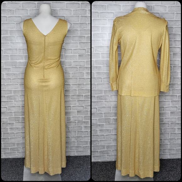 VTG 70s Gold Lurex 2 Piece Maxi Dress & Jacket Set - Picture 3 of 11